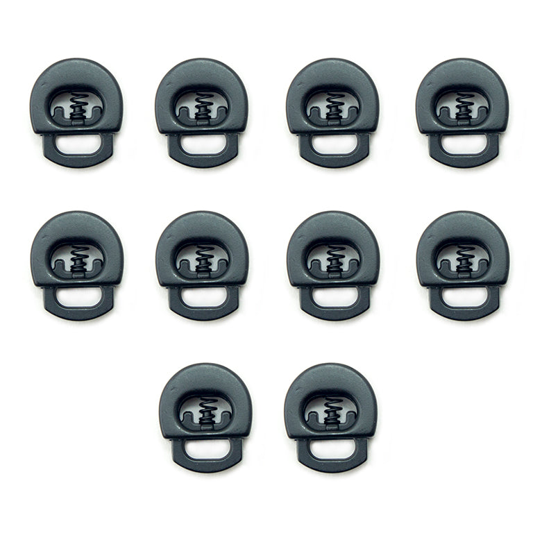 Set of 10 black metal hoodie cord locks displayed on a white background.