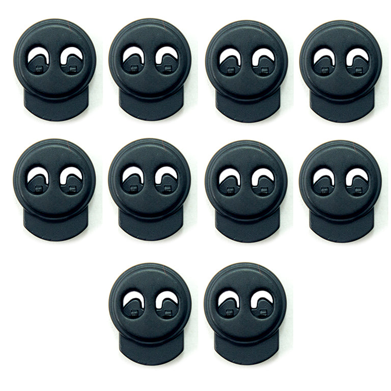 Set of 10 black metal hoodie cord locks displayed