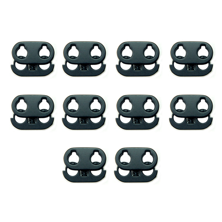 Set of 10 black metal hoodie cord locks displayed on a white background.