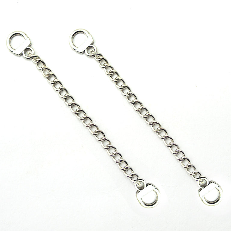 Two silver tone metal sew on coat hangers with chain loops.