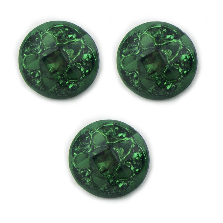 Pack of 3 green luxurious fashion crystal buttons, 20 mm diameter.