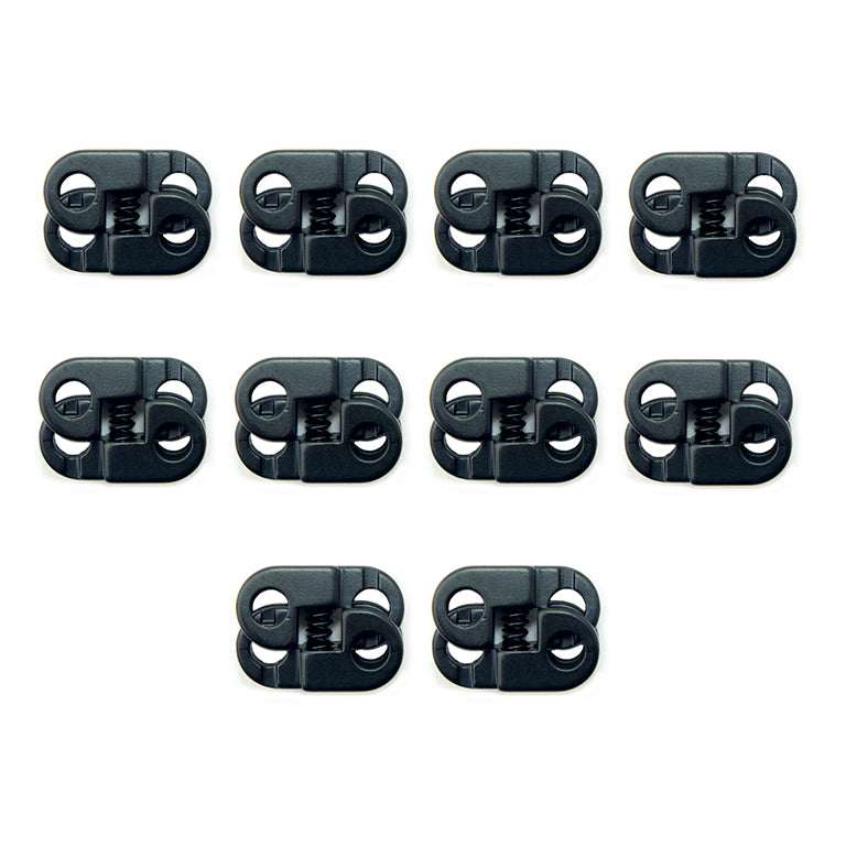 Set of 10 black metal hoodie cord locks displayed on a white background.