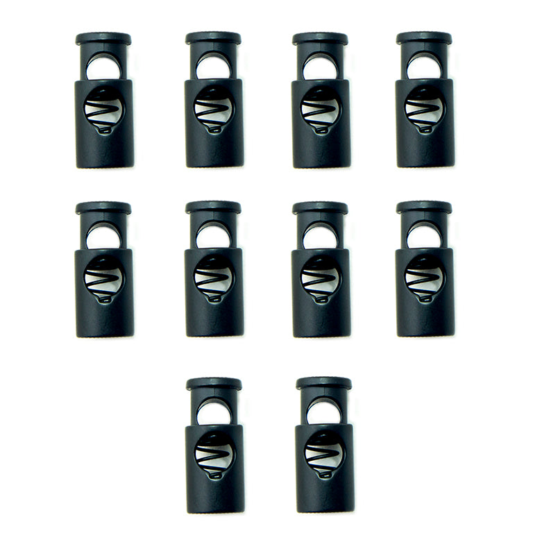 Set of 10 black metal hoodie cord locks displayed on a white background.