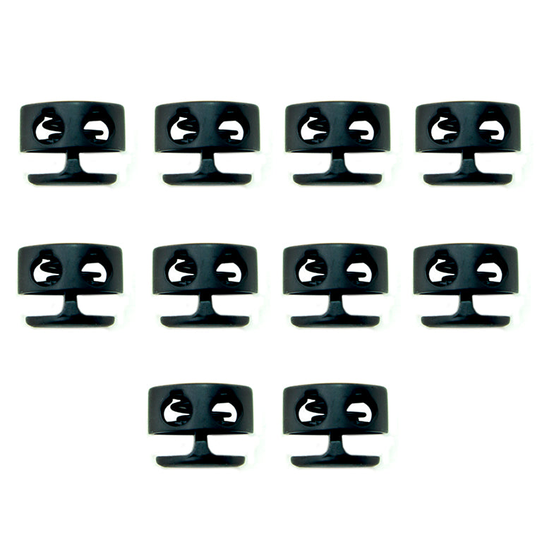 Black metal rounded triangle cord locks for hoodie cords.