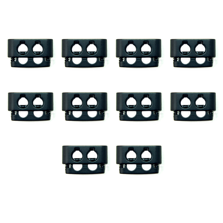 Set of 10 black metal hoodie cord locks displayed on a white background.