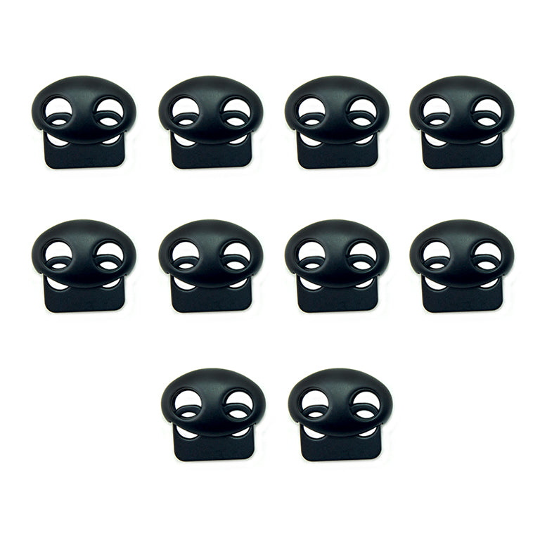 Set of 10 black metal hoodie cord locks displayed on a white background.