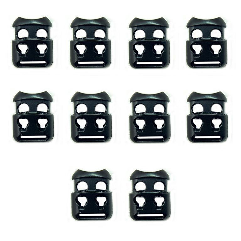 Set of 10 black metal hoodie cord locks displayed on a white background.