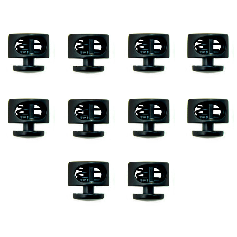 Set of 10 round black metal hoodie cord locks displayed