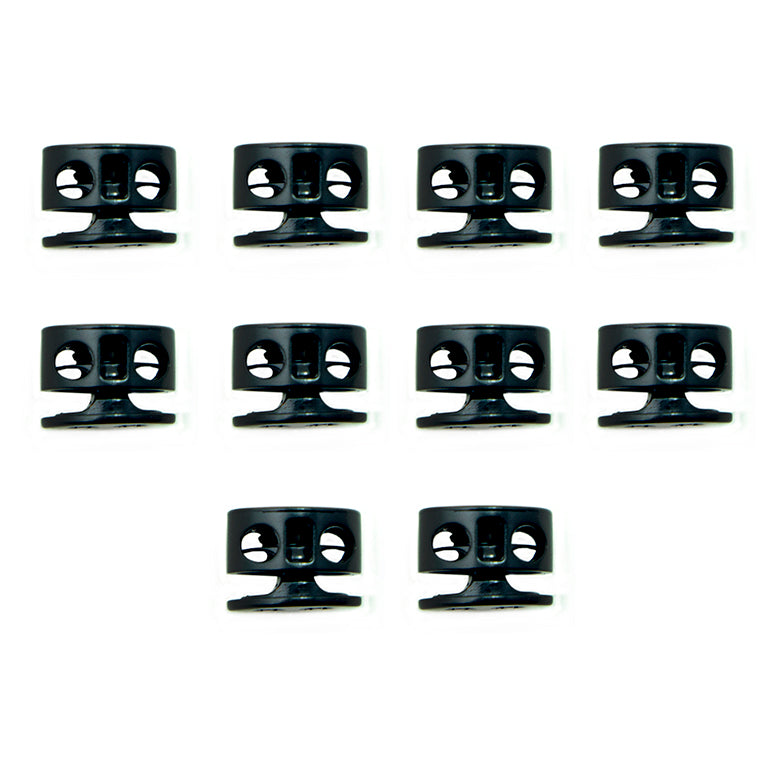 Set of 10 round black metal hoodie cord locks displayed