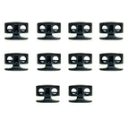 Set of 10 black metal hoodie cord locks displayed together.