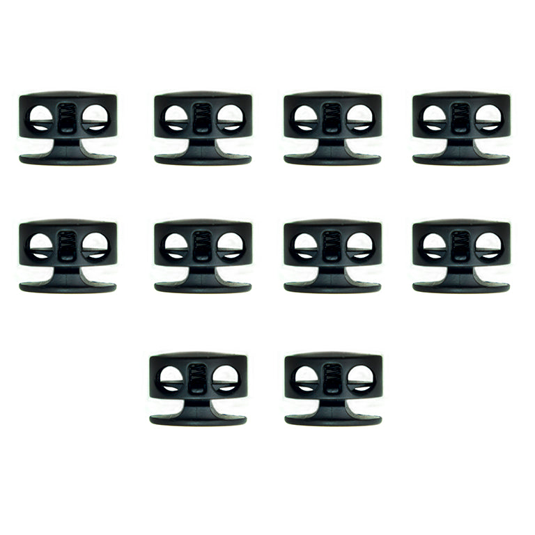 Set of 10 black metal hoodie cord locks displayed together.