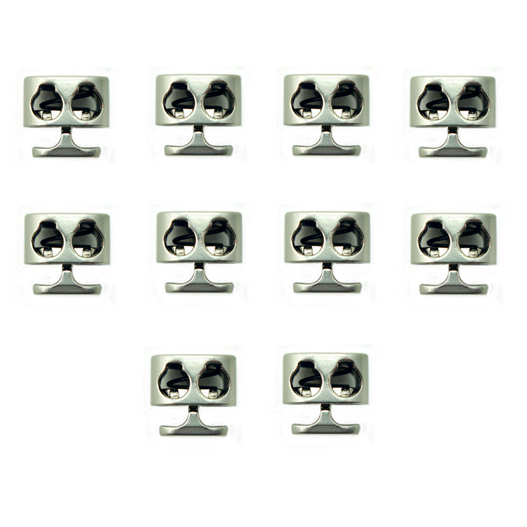 Set of 10 silver grey metal hoodie cord locks displayed together.