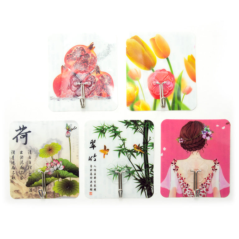 Assorted design adhesive household hooks on display.