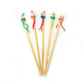 Five bamboo ear wax removers with decorative figures, 12 cm long.