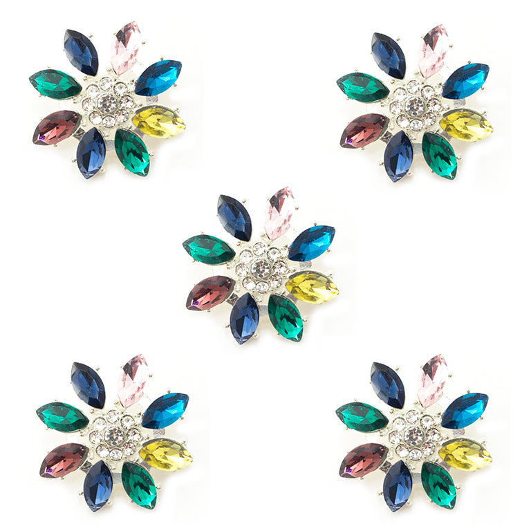Set of 5 clear and coloured crystal buttons in silver tone mount.