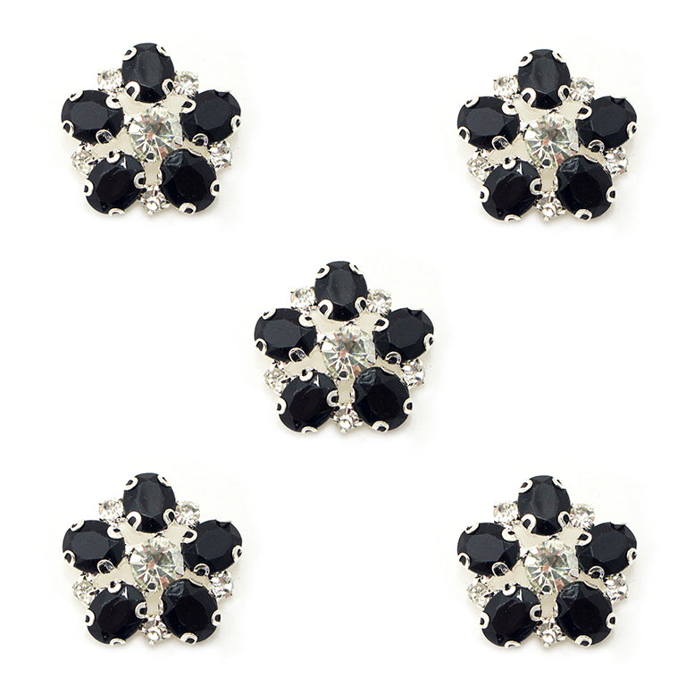 Set of 5 black and clear crystal decorative buttons in silver tone setting