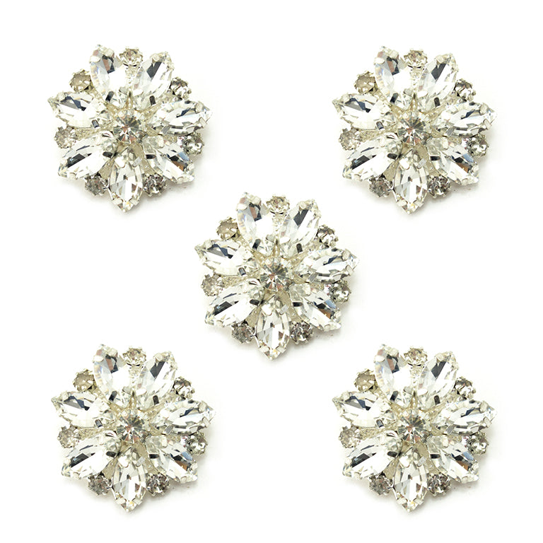 Set of 5 decorative snowflake buttons with clear crystals