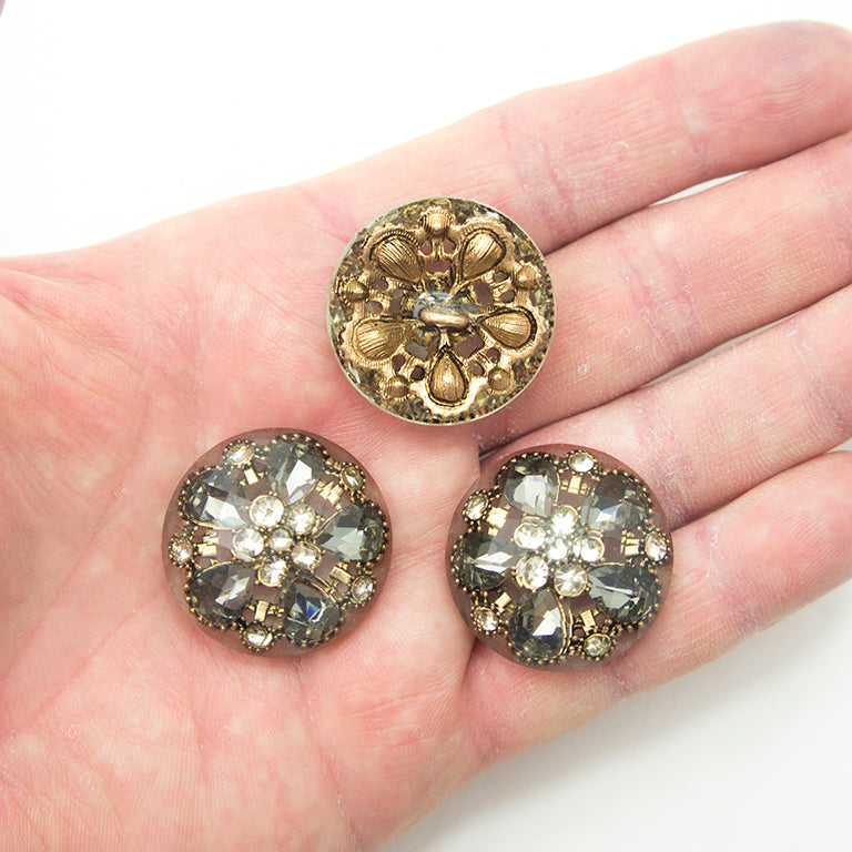 Set of 3 Large Luxurious Grey Crystal Buttons in an Antique Gold Tone Setting - 30 mm