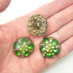 Set of 3 Large Luxurious Green Crystal Buttons in an Antique Gold Tone Setting - 30 mm