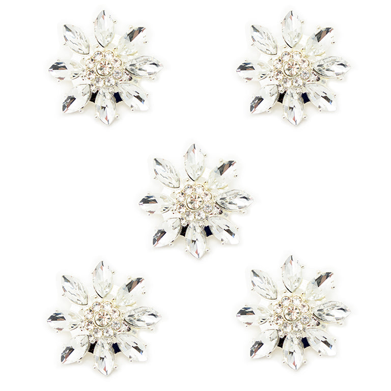 Set of 5 clear crystal decorative buttons in silver tone setting, 28 mm diameter.