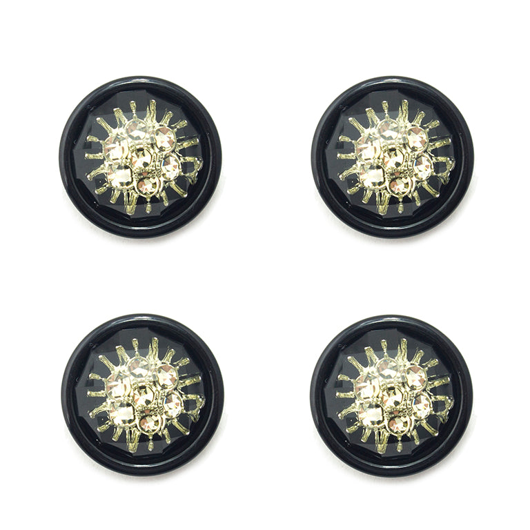 Set of 4 flower pattern clear crystal buttons in black acrylic setting.