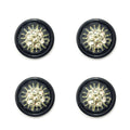 Set of 4 flower pattern clear crystal buttons in black acrylic setting.