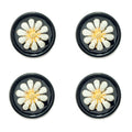 Set of 4 white and gold tone chamomile flower buttons in black acrylic setting.
