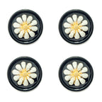 Set of 4 white and gold tone chamomile flower buttons in black acrylic setting.