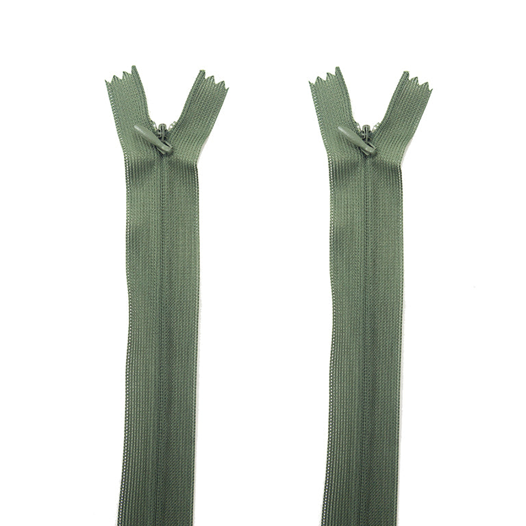 Two army green invisible zippers, 14 inch long, displayed on a white background.