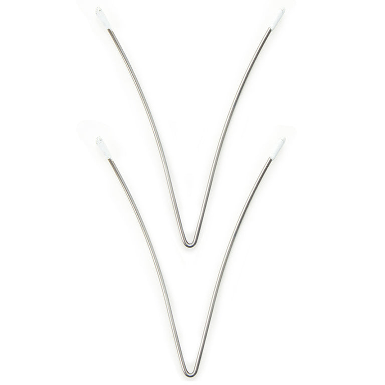 Curved metal V wires with white enamel tips for bra making.