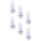 Set of 6 white metal zip pull heads for nylon zips.
