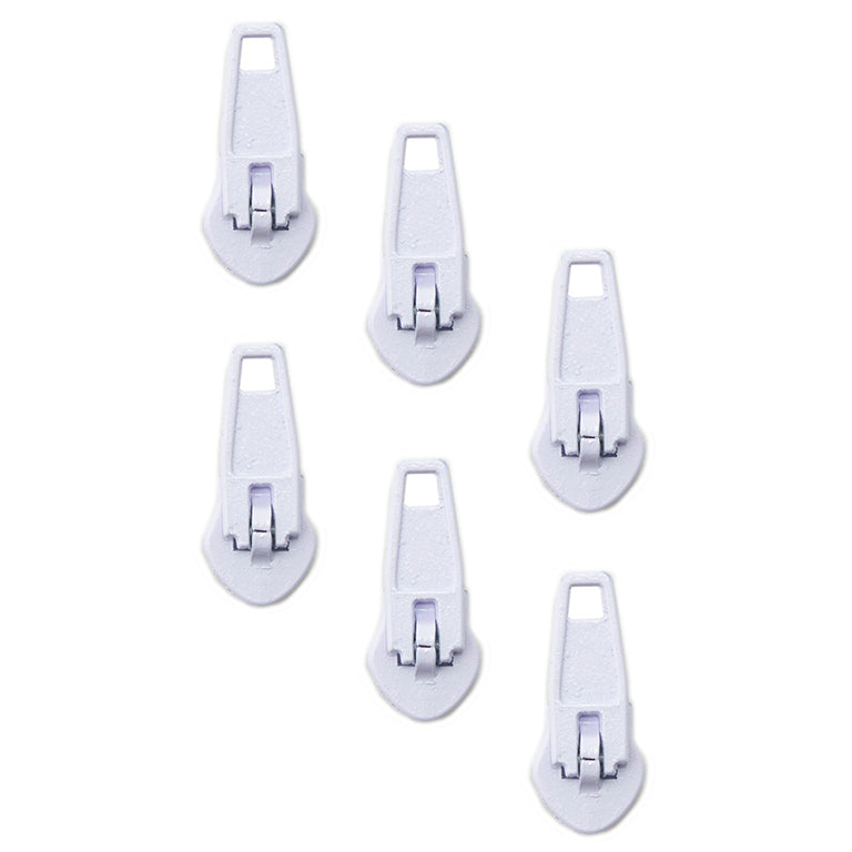 Set of 6 white metal zip pull heads for nylon zips.