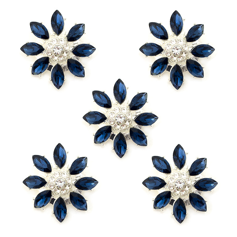 Set of 5 deep blue and clear crystal buttons in silver tone mount.