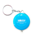 Sky blue portable roller tape measure with key ring.