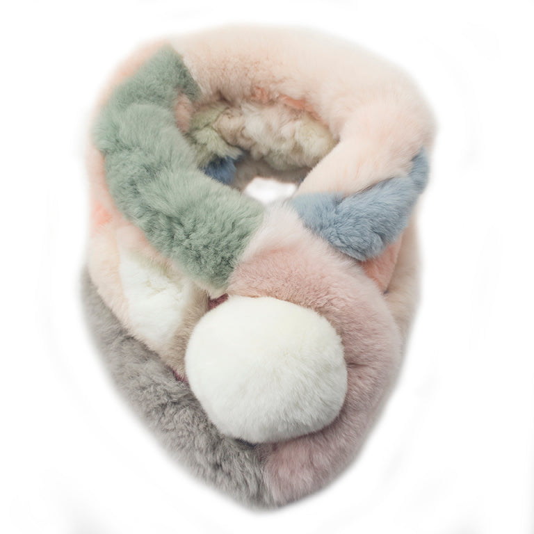 Luxurious patchwork rabbit fur scarf with pompom fastening