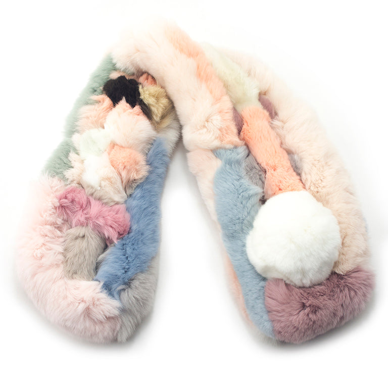 Close-up of soft real rabbit fur scarf showcasing multicolour design