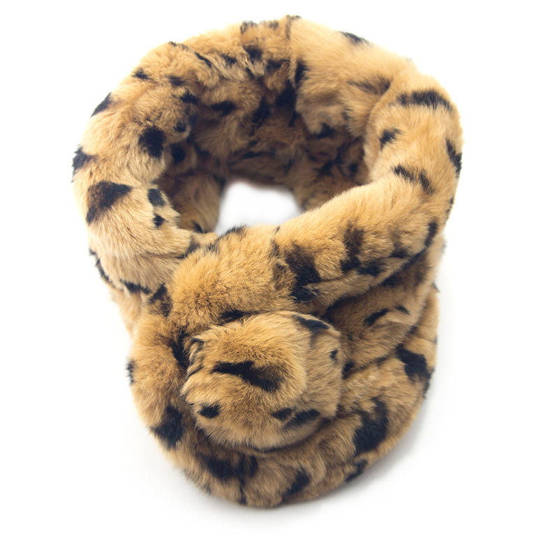 Luxurious brown leopard print rabbit fur scarf with pompom fastening.