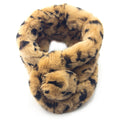Luxurious brown leopard print rabbit fur scarf with pompom fastening.