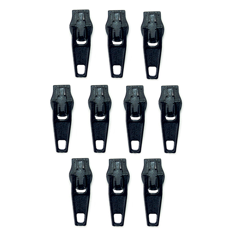 Set of 10 black metal No.3 zip pulls displayed on a white background.