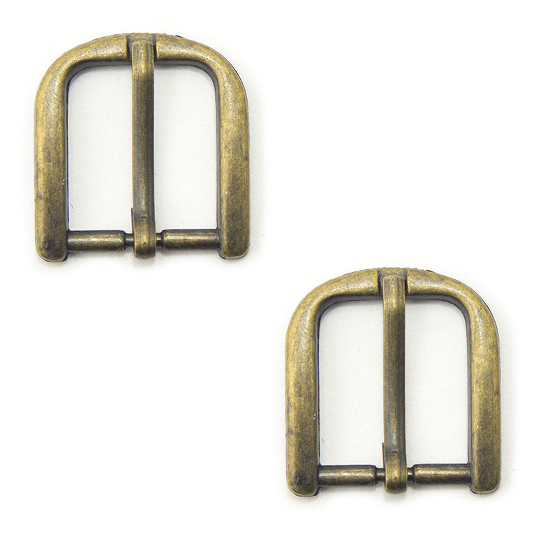 Two antique brass tone buckles for belts and bags.