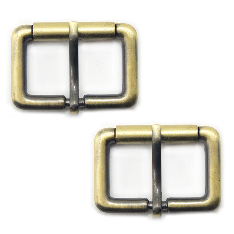 Two antique brass tone buckles for belts and bags.