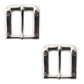 Two large square silver tone buckles for belts and bags.
