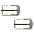 Two silver tone metal buckles for belts and bags on a white background.