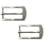 Two silver tone metal buckles for belts and bags on a white background.