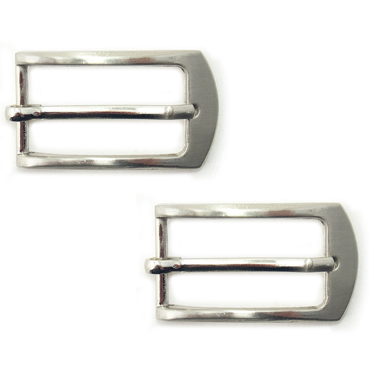 Two silver tone metal buckles for belts and bags on a white background.