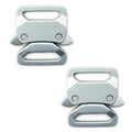 Two brushed silver tone metal strap buckles on a white background.
