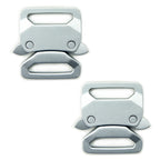 Two brushed silver tone metal strap buckles on a white background.