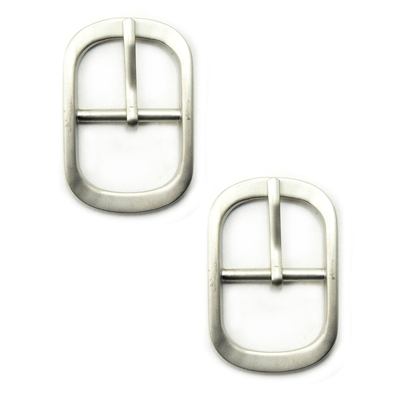 Two brushed silver tone metal buckles for bags and belts.
