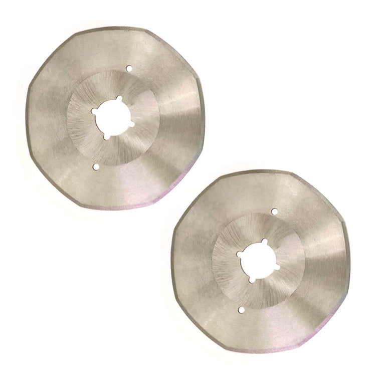 Two steel alloy rotary cutting blades, 110 mm diameter.