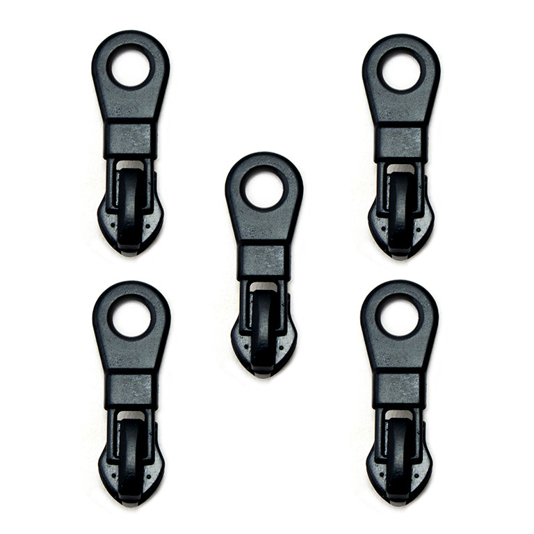 Pack of 5 water resistant black metal zip pulls with head slider.